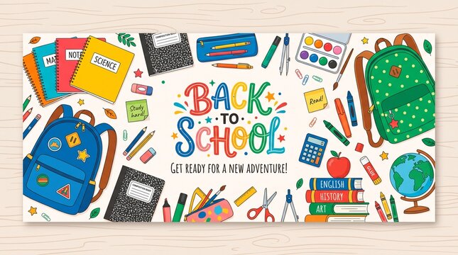 Back to School Horizontal Web Banner on Wooden Background