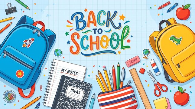Back to School Banner Illustration with Backpacks and Stationery