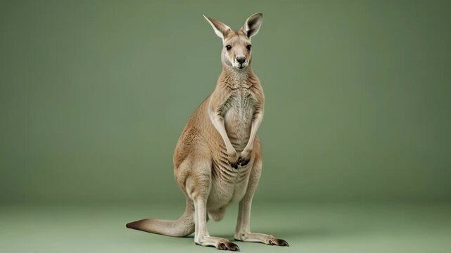 A majestic red kangaroo standing upright against a soft solid green background