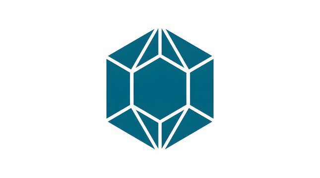 Minimal geometric cube logo constructed from symmetrical polygonal shapes in teal blue. Abstract three-dimensional vector symbol isolated on white, ideal for technology, architecture, engineering, bus