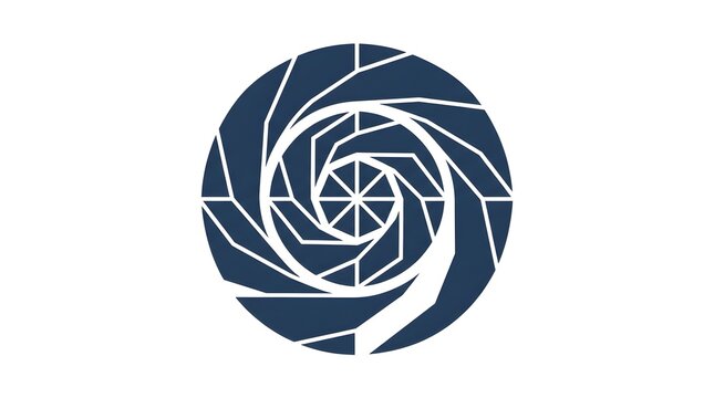 Abstract geometric spiral logo resembling a stylized aperture or rotating circular structure in dark blue. Intricate symmetrical vector design isolated on white, suitable for photography, technology, 