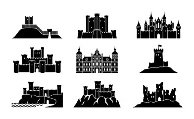 Naklejka premium Medieval Castle Silhouettes, Historic Fortress Icons, Fantasy Kingdom Architecture, Royal Palace Vector Set