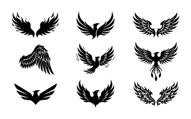 Obraz premium Mythical Phoenix and Angelic Wings Vector Icons Set, Black Silhouette Symbols for Fantasy and Legend Designs