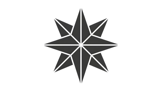 Minimal geometric compass star logo with sharp symmetrical points and segmented triangular shapes in dark gray. Clean abstract vector symbol isolated on white, suitable for navigation, travel, outdoor