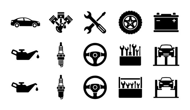 Automotive Service Icons Set, Car Repair Tools Collection, Vehicle Maintenance Symbols, Auto Shop Graphic Elements, Black and White Vector Icons