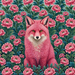Fototapeta premium Pink Fox Portrait Surrounded by Whimsical Floral Flower Pattern