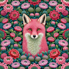 Fototapeta premium Pink Fox Portrait Surrounded by Whimsical Floral Flower Pattern
