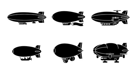 Airship Vector Icons, Blimp Silhouettes Collection, Dirigible Aircraft Graphics, Vintage Zeppelin Illustrations, Transportation Symbols Set © Faisal