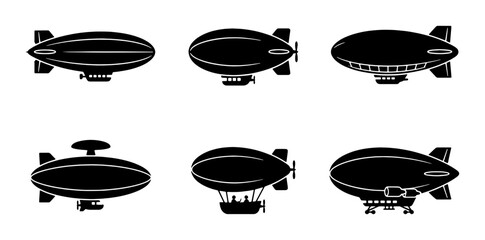 Airship Collection, Vintage Blimp Silhouettes, Retro Zeppelins, Classic Dirigible Icons, Aviation Transportation Set, Black and White Vector Graphics © Faisal