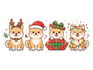 Fototapeta premium Four adorable cartoon Shiba Inu dogs celebrating Christmas with festive costumes and decorations.