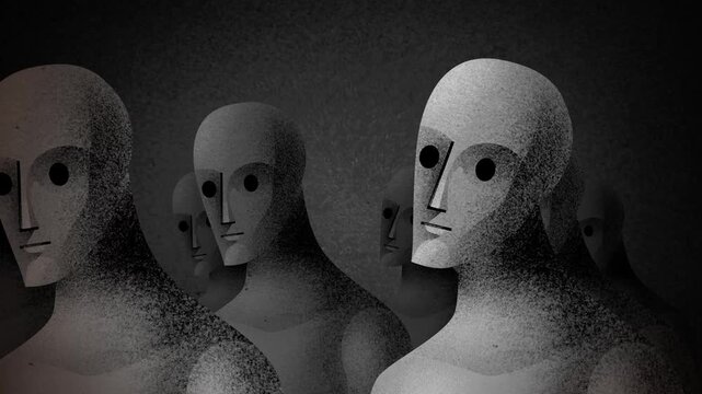 group of expressionless NPC-like characters walking