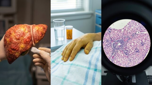 Pathologic liver distress: viral hepatitis, hepatic infection, patient jaundice, tissue histology, disease progress, organ cirrhosis, hepatocyte damage, fibrosis develop, steatosis change.
