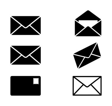 Six Black Silhouette Mail Icons, Envelopes and Postcard Vector Set, Communication and Correspondence Graphics