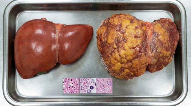 Hepatic comparison analysis: healthy organ, diseased tissue, cirrhosis change, steatosis sign, cellular damage, infection impact, virus pathology, fibrosis view, medical study, diagnostic view.