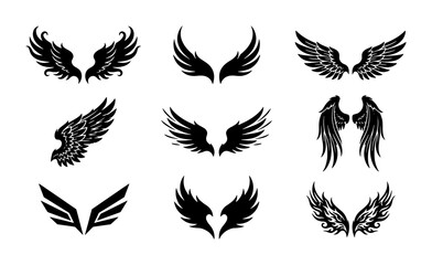 Fototapeta premium Diverse Angel Wings Vector Set, Stylized Feathered and Geometric Designs, Black Silhouettes for Graphic Projects, Tattoo Art, and Emblems