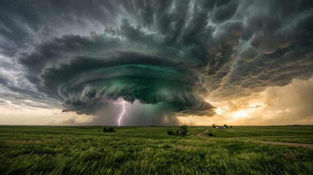 Massive rotating supercell storm clouds swirling above a vibrant green grassy field with bright lightning bolt