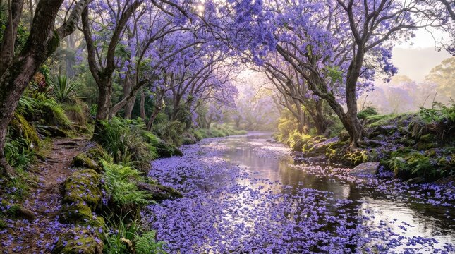 Vibrant purple jacaranda trees bloom along a tranquil riverbank bathed in warm soft morning sunlight