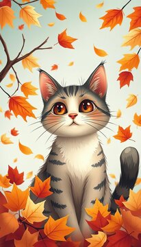 Whimsical illustration of a curious cat surrounded by falling autumn leaves, foliage, cat