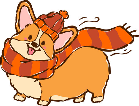 Happy Cozy Corgi Autumn Wearing Scarf and Beanie Cartoon Character Cute Hand Drawn Fall Illustration