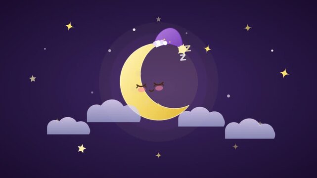 Cute sleeping crescent moon with a nightcap floating among soft clouds and glowing stars in a cozy night sky animation