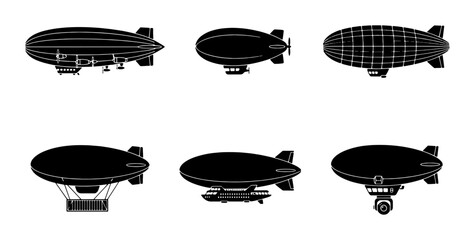 Set of Six Black Silhouette Airships, Vintage Zeppelins, Retro Blimps, Classic Dirigibles, Aviation Icons, Transportation Graphics © Parbez