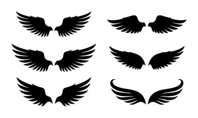 Naklejka premium Set of Six Black Angel Wings Vector Icons, Diverse Styles, Symbolizing Freedom and Protection, Ideal for Graphic Design Elements