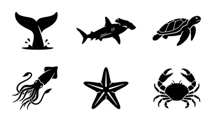 Fototapeta premium Nautical Wildlife Icons Set: Whale Tail, Hammerhead Shark, Sea Turtle, Squid, Starfish, Crab Vector Graphics for Marine Life and Ocean Themes