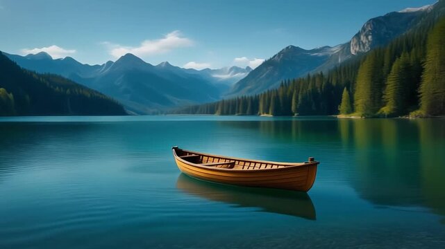 Wooden boat on the serene Lake Chamfer Switzerland with mountains