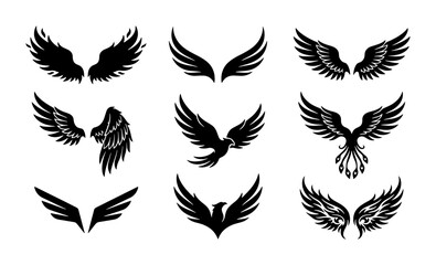 Naklejka premium Diverse Wing Designs Vector Set, Eagle & Angel Motifs, Black Silhouette Graphics for Emblem & Tattoo Art