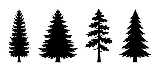 Obraz premium Four Black Pine Tree Silhouettes, Evergreen Forest Icons, Conifer Woodland Vector Graphics, Nature Landscape Elements