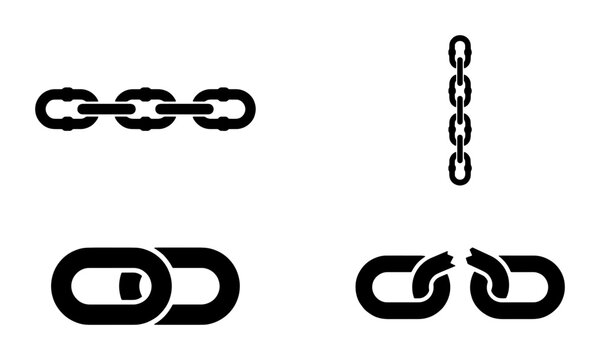 Set of four black chain link icons, horizontal, vertical, connected, and broken links, representing connection, strength, and separation, vector graphic elements