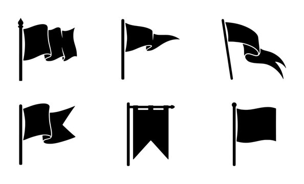 Set of 6 Black Silhouette Flags, Pennants, and Banners Vector Icons. Diverse Flag Shapes for Design Elements, Navigation, and Symbols.