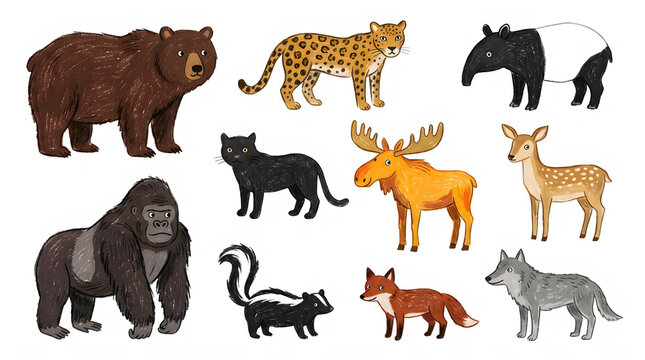 Set of cute pixel art wild animals including bear leopard gorilla moose deer wolf fox and skunk