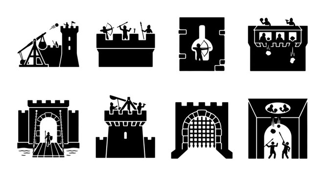 Medieval Castle Fortifications, Siege Warfare Icons, Historical Fortress Elements, Ancient Battle Structures Set