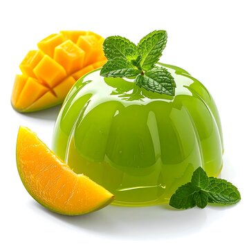 Fresh green mango jelly dessert with mint leaves and mango slices.