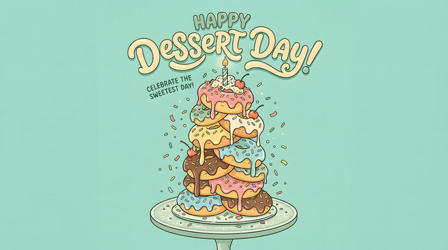 Happy Dessert Day stack of colorful donuts with frosting and cherry topping celebration.