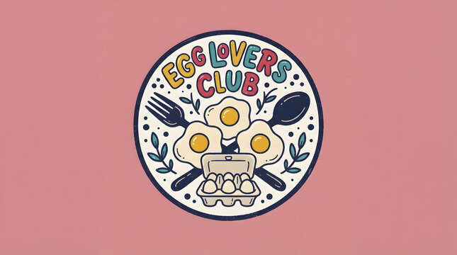Egg lovers club circular badge with fried eggs, cutlery, and egg carton emblem.