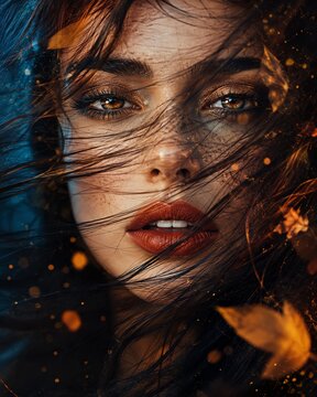 Young woman with amber eyes and freckles gazing intensely through windblown dark hair.