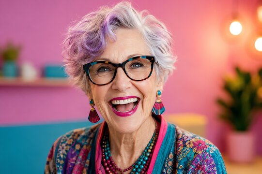 Joyful senior woman with silver hair and glasses smiling brightly in bold fashionable clothing.