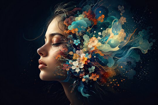 Young woman with closed eyes merging into blue and orange flowers in a fantasy composition.