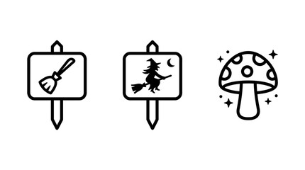 Fototapeta premium Set of magical line art icons including a broomstick sign a witch flying on a broom sign a spotted magical mushroom broomstick halloween illustration elements decoration isolated