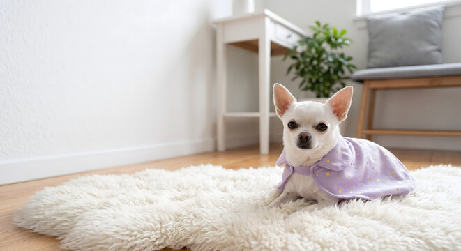 A white Chihuahua wearing a pale purple Halloween cape with gold stars on a fluffy white rug.