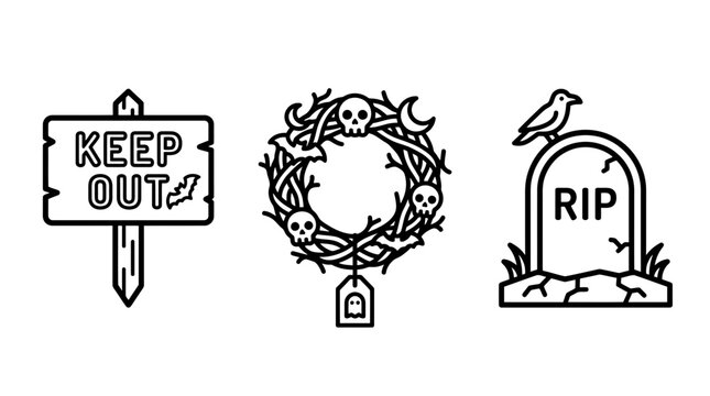 Halloween decorative line art icons set featuring a keep out sign a spooky skull wreath a rip graveyard headstone halloween graveyard tombstone cemetery decoration celebration elements