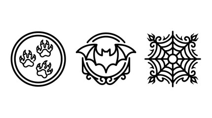 Fototapeta premium Set of three stylized animal and fantasy theme circular icons with creature halloween wildlife circular illustration minimalist monochrome isolated decoration collection mysterious