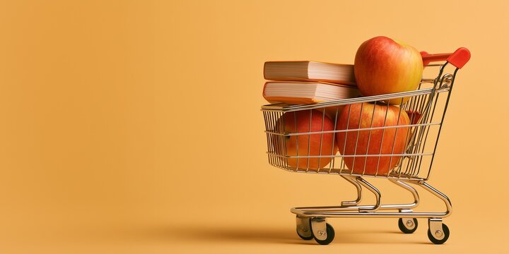 Back to school shopping concept with books and an apple on a desk