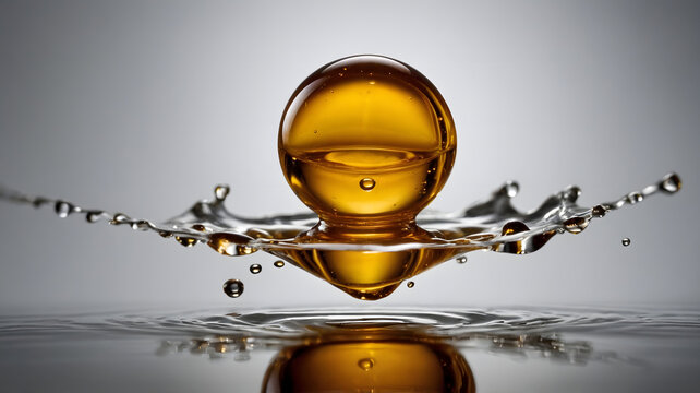 Perfect golden oil drop falling into liquid surface with splash macro