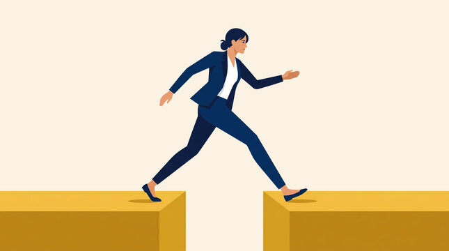 Businesswoman stepping over gap to achieve business goal
