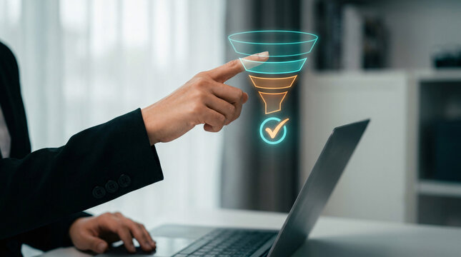 Businesswoman interacting with a glowing digital sales funnel icon, process optimization, lead generation, conversion tracking, data analysis on laptop