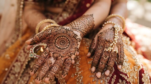 Intricate golden henna design on female hands