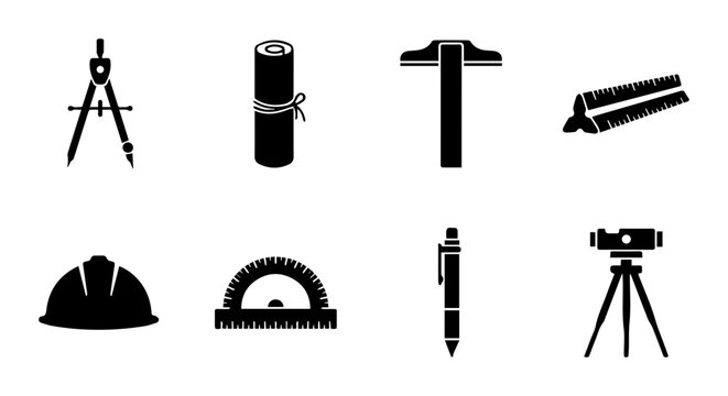 Engineering and Architecture Tools Set: Compass, Blueprint Scroll, T-Square, Ruler, Hard Hat, Protractor, Pen, and Level on Tripod